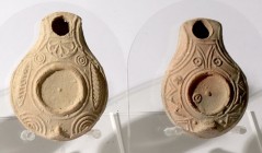 A LOT OF 2 TERRACOTTA OIL LAMPS Samaritan Period, 4th century CE. 8.0 and 7.5 cm. In very good condition. Ex Aka Mizrahi collection, Tiberias.