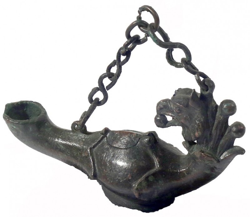 A BRONZE OIL LAMP WITH A HANDLE IN THE FORM OF THE HEAD OF A GRIFFIN 4th-5th cen...