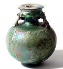 A ROMAN GLASS ARYBALLOS 1st-2nd century CE. 8.4 cm high. For a parallel without chain see: Nina Kunina, Ancient Glass in the Hermitage Collection, 199...