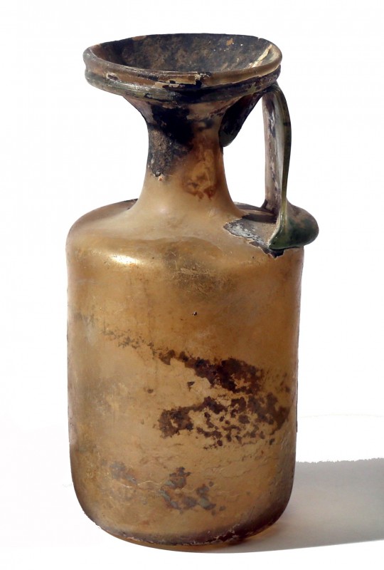 GLASS BOTTLE WITH CYLINDRICAL BODY Roman-Byzantine Period, 4th-5th century CE. 1...