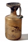 GLASS BOTTLE WITH CYLINDRICAL BODY Roman-Byzantine Period, 4th-5th century CE. 16 cm high. In very good condition. Ex David Bergman collection, Haifa.