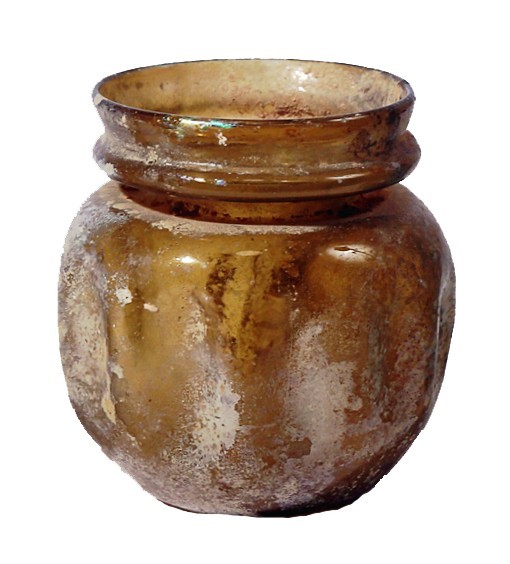 A YELLOW GLASS JAR Roman Period, 4th century CE. 8.1 cm high. With globular body...