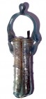 A LIGHT GREEN GLASS COSMETIC DOUBLE UNGUENTARIA Byzantine Period, 5th-6th century CE. 19.7 cm high, with the basket handle. In very good condition. Ex...