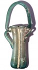 A LIGHT GREEN GLASS COSMETIC DOUBLE UNGUENTARIA Byzantine Period, 5th-6th century CE. 19 cm high, with the basket handle. In very good condition. Ex D...