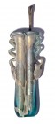 A GREEN GLASS COSMETIC DOUBLE UNGUENTARIA WITH A BRONZE TOOL Byzantine Period, 5th-6th century CE. 11.9 cm high. The tool is 13.8 cm. In very good con...