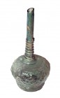 A MOULD-BLOWN GREEN GLASS BOTTLE Islamic, 12th-13th century CE. 20.8 cm high. The body is decorated with floral motifs and birds within medallions. Ex...