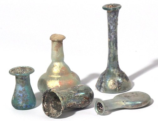 A LOT OF 5 MINI GLASS BOTTLES Roman Period, ca. 1st-4th century CE. 7.6-3.2 cm h...