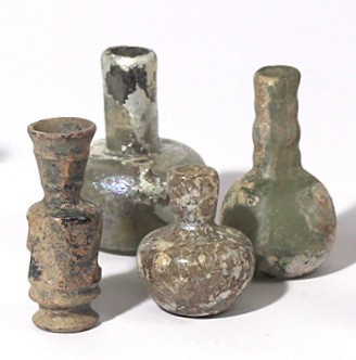 A LOT OF 3 MINI GLASS BOTTLES Islamic Period, ca. 7th-11th century CE. 5.2-3.6 c...