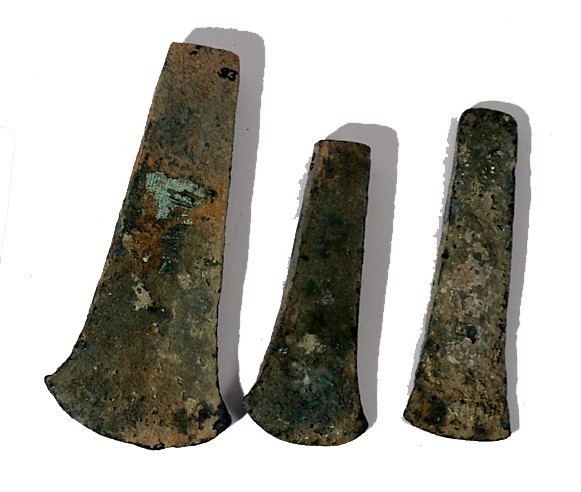 A LOT OF 3 FLAT BRONZE AXES Early Bronze Age, 3100 – 2900 BCE. 15.5-11.7 cm long...