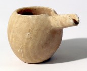 A SPOUTED HOLEMOUTH ALABASTER JAR Early Bronze Age, 3100 – 2900 BCE. 8.5 cm high. In very good condition and very rare. Ex Shlomo Moussaieff collectio...