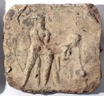 A TERRACOTTA PLAQUE DEPICTING AN EROTIC MOMENT Early 2nd millennium BCE. 9.7x8.5 cm. In good condition. Ex Shlomo Moussaieff collection, Herzliya Pitu...