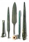 5 CANAANITE BRONZE WEAPONS Middle Bronze Age, 1830 – 1550 BCE. Including a dagger, a daggers blade, a spear-head and its terminal, a piercing axe and ...