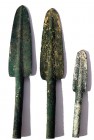3 CANAANITE BRONZE SPEAR HEADS Middle Bronze Age, 18th – 17th century BCE. 20.2-13.4 cm long. With very nice green patina and in very good condition. ...