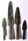 4 CANAANITE BRONZE SPEAR HEADS Middle Bronze Age, 18th – 17th century BCE. 22.6-10.8 cm long. With nice patina and in good condition. Ex Lisa Knothe c...