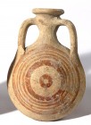 A CANAANITE TERRACOTTA FLASK Late Bronze Age, 1550 – 1200 BCE. 14.2 cm high. With nice brown decorations. In very good condition. Ex David Bergman col...
