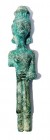A BRONZE FIGURINE OF ASTARTE Late Bronze Age, 1550 – 1200 BCE. 10.6 cm high. With nice green patina and in very good condition. Ex Shlomo Moussaieff c...