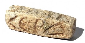 A LIMESTONE PRISM BREAD STAMP Byzantine Period, 330 – 640 CE. With Greek inscriptions on 3 sides: CERA / ΔIOCE / OΔIH. In very good condition. 11.2x3....