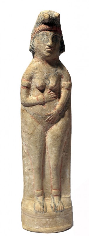 A BEIT NATIF TYPE TERRACOTTA FIGURINE Depicted naked, with traces of red and bla...