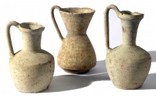 A LOT OF 3 ISLAMIC TERRACOTTA JUGS 13th century CE. 16.9, 14.8, 14.2 cm high. With minor damages but in very good condition. Ex Miriam Shamai collecti...