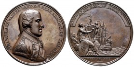 Médaille en bronze, Les anglais à Tory Island, la flotte française a rejeté, Londres, 1798, AE 61.88 g. 48.8 mm par Hancock
Avers : SIR I BORLASE WARR...