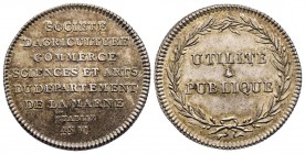 Médaille en argent, Sociéte d'agriculture, Marne, 1798 (an 6), AG 8.2 g. 28.3 mm
Avers : SOCIETÉ D'AGRICULTURE COMMERCE SCIENCES ET ARTS DU DEPARTEMEN...