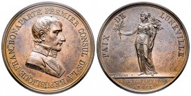 Médaille en bronze, Paix de Lunéville, Paris, 1801, AE 36.7 g. 41.9 mm par Andrieu
Ref : Bramsen 108, Julius 903
Superbe