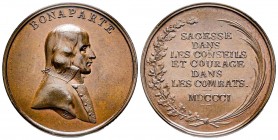 Médaille en bronze, Paix de Lunéville, Birmingham, 1801, AE 29.33 g. 38.5 mm
Ref : Bramsen 114, Julius 916
Superbe