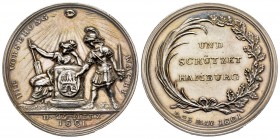 Médaille en argent, Départ des danois de Hamburg, 1801, AG 14.12g. 34.4 mm
Avers : DIE VORSEHUNG WACHT 
Revers : UN SCHUTZET HAMBURG 
Ref : Bramsen 14...