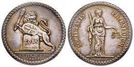 Jeton, ordre des avocats de Lyon, 1801, AG 8.5 g. 31 mm 
Avers : Lion debout à gauche, tenant une massue et un bouclier, protégeant les tables de la L...