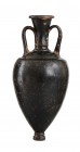 Attic Black-Glazed Amphoriskos, End of 5th century BC; height cm 13; A double handled amphoriskos characterized by a sequence of stamped palmette, whi...