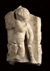 Roman Marble Relief with an Erote holding Torch downward, 2nd - 3rd century AD; height cm 19, length cm 7; Originally part of a sarcophagus. Restored ...
