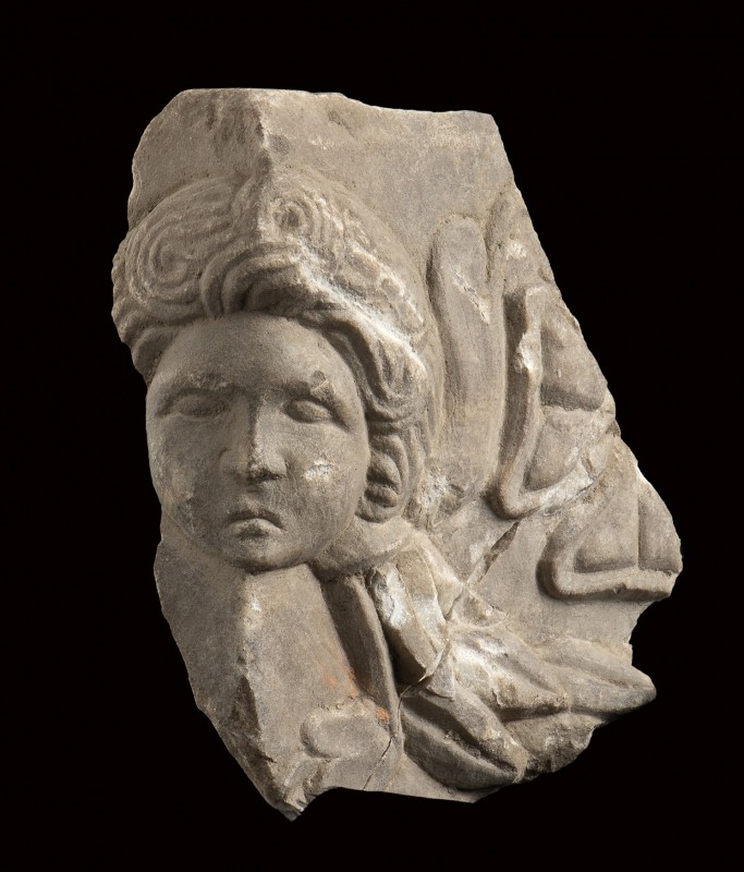 Roman Marble angular Mask, 2nd - 3rd century AD; height cm 18; Originally part o...