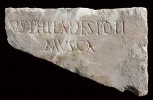 Roman Marble Funerary Inscription Slab, 2nd - 3rd century AD; height cm 10,4; length cm 16,5. Provenance: English private collection formed between 19...