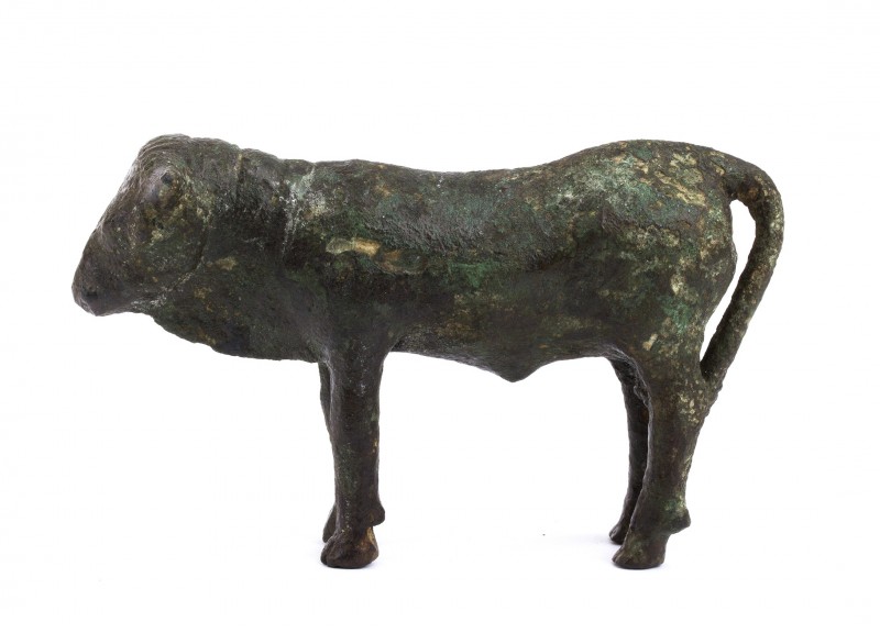 Greek Bronze Figure of a Bull, 4th - 3rd century BC; length cm 12; Powerful depi...