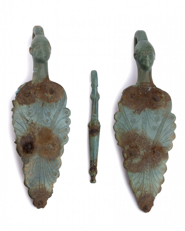 Couple of Greek Bronze Leaf-Shaped Belt Stirrups, 4th - 3rd century BC; length c...