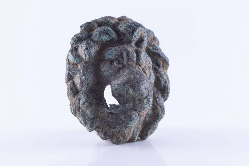 Roman Bronze Stud with Lion Head, 1st century BC; height cm 5,3. Provenance: Eur...
