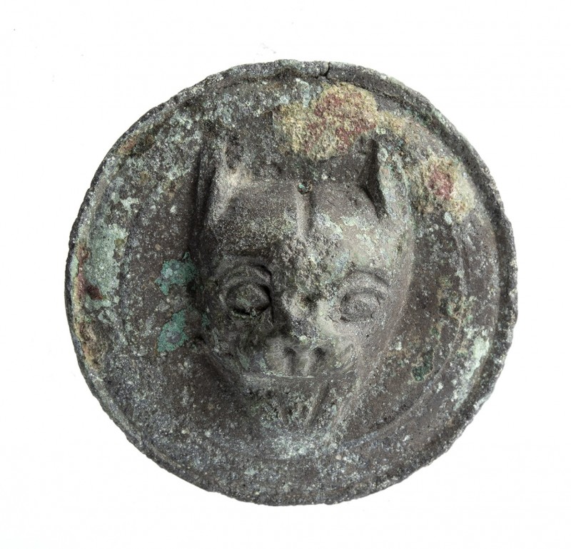 Roman Bronze Stud with Panther Head, 1st - 3rd century AD; diam cm 3,2. Provenan...