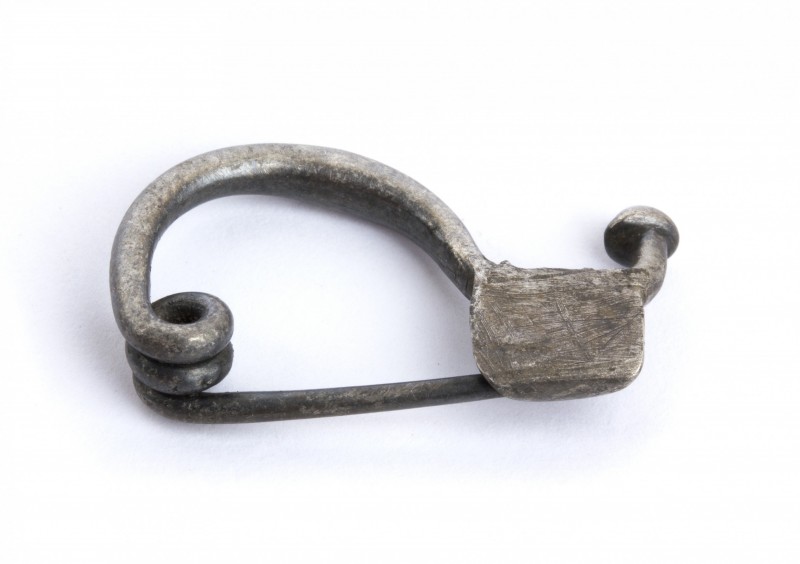 Small Greek Silver Fibula, 5th - 4th century BC; length cm 2,5; Crystallised met...