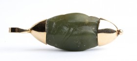 Near Eastern Jadeite Stamp Seal With Bull and Star; 1st millennium BC; length cm 4,4; with a modern gold setting. Provenance: European private Collect...