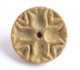 Bactrian Faience Button Seal with Cruciform Motif and Pomegranates; Central Asia, Oxus Civilization, 3rd - early 2nd millennium BC; length cm 3,5. Pro...