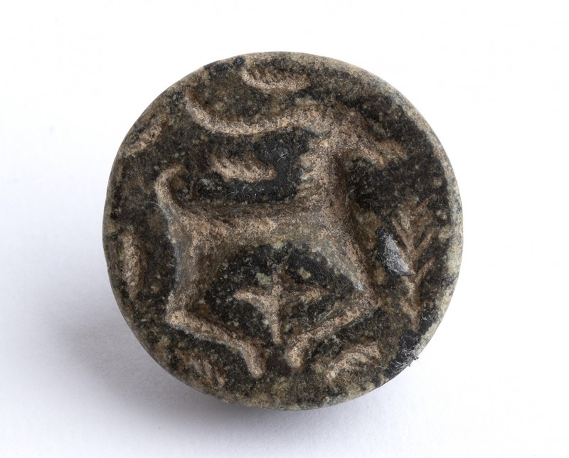 Bactrian Stone Button Seal with Ibex in the Bushes; Central Asia, Oxus Civilizat...