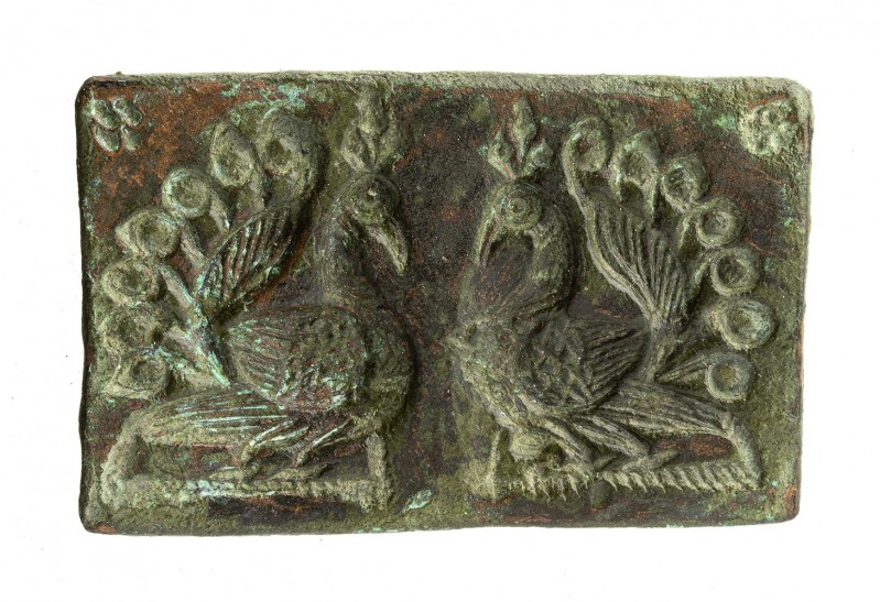 Byzantine Bronze Plaque or Seal with Confronting Peacoks, 6th - 8th century; len...