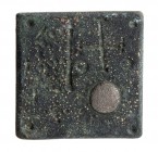 Byzantine Bronze Commercial Weight of 2 Ounkia with B, Cross and a Silver Inlay, 6th - 8th century; length cm 1,9.