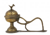 Indo-Persian Brass Incense Burner, 18th - 19th century; height max cm 14,8; length max cm 23,3. Provenance: From the Amedeo Guillet collection.