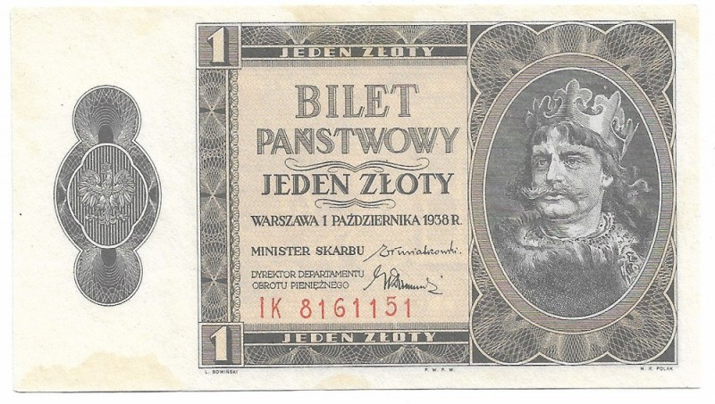 II Republic of Poland, 1 zloty 1938
II RP, 1 złoty 1938
 Banknot w stanie emis...