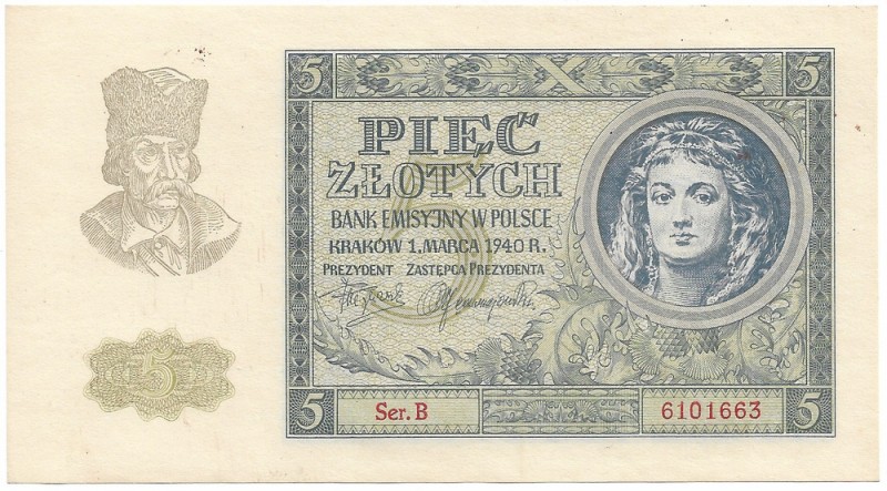 III Reich occupation of Poland, GG, 5 zloty 1940
GG, 5 złotych 1940 Ser. B
 Eg...