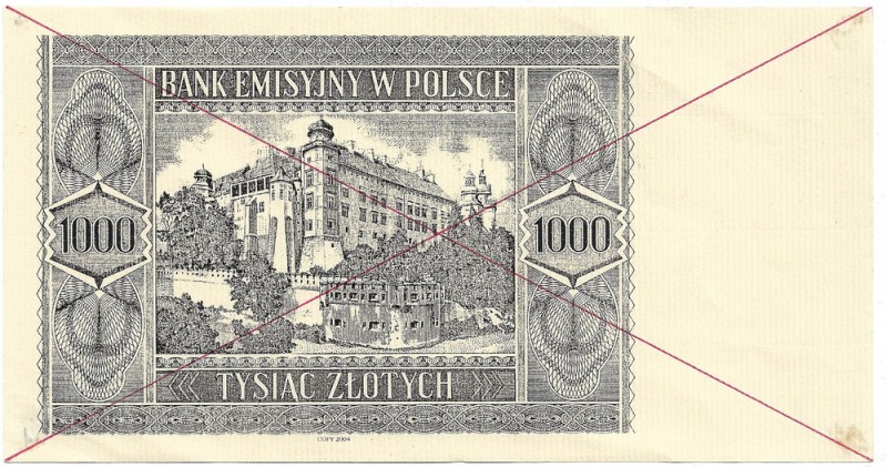 III Reich occupation of Poland, GG, 1000 zloty 1941 - copy 2004 unfinished/speci...