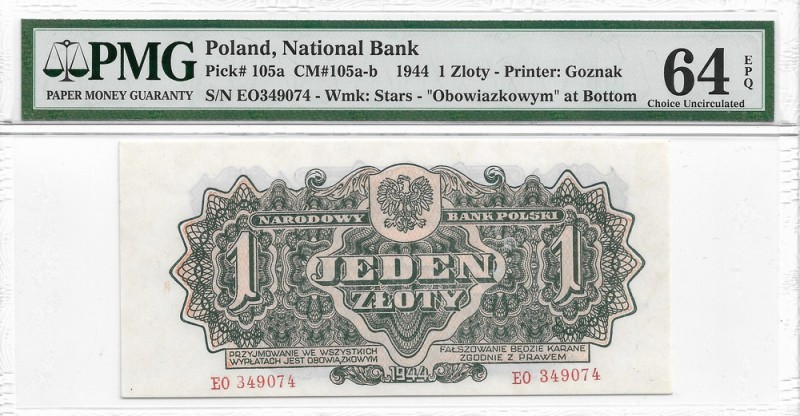 Peoples Republic of Poland, 1 zloty 1944 ...owym EO - PMG 64 EPQ
PRL, 1 złoty 1...