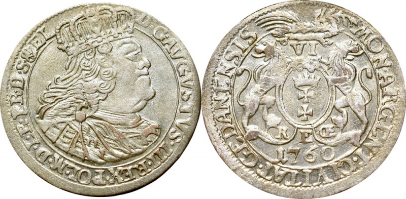 Friedrich August II, 6 groschen 1760, Danzig
August III Sas, Szóstak 1760, Gdań...