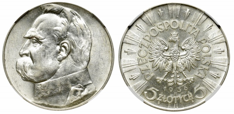 II Republic of Poland, 5 zloty 1936 Pilsudski - NGC AU58
II Rzeczpospolita, 5 z...